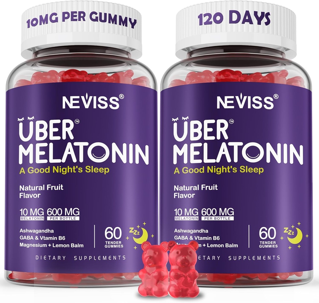 Melatonin Gummies 10mg 20mg für Erwachsene, Melatonin 10 mg pro Gummy mit Ashwagandha, Magnesium Glycinat, GABA, L-Theanin, Valerian Root & Lemon Balm, Rest Support Supplement, Grape Flavor, 2-Pack