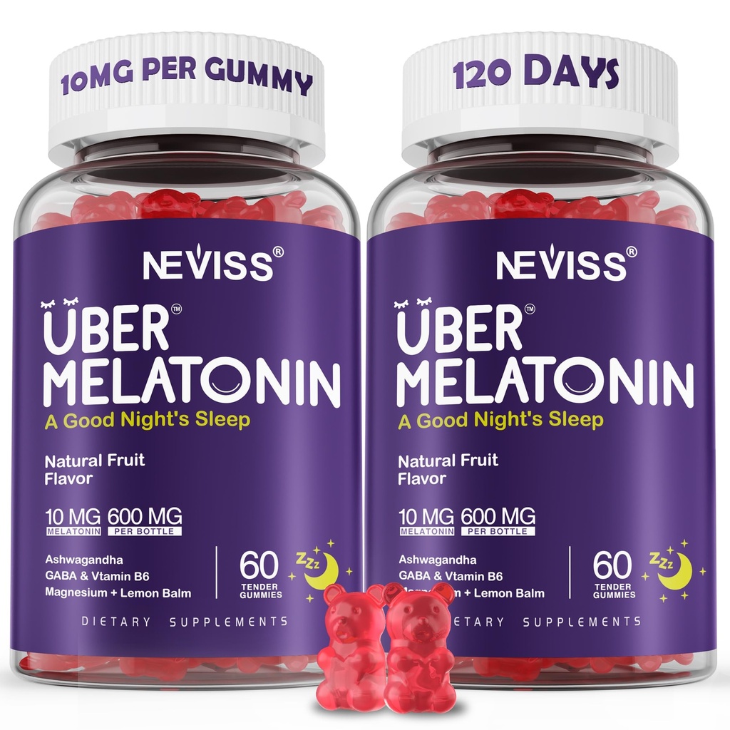 Melatonin Gummies 10mg 20mg for Adults, Melatonin 10 mg per Gummy with Ashwagandha, Magnesium Glycinate, GABA, L-theanine, Valerian Root & Lemon Balm, Rest Support Supplement, Grape Flavor, 2-Pack