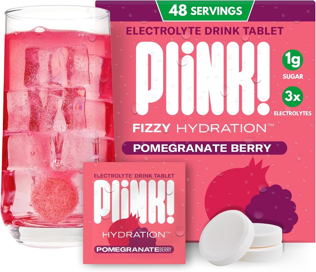 Plink! Fizzy Electrolyte tabletid täiskasvanutele ja lastele - granaatõunamarja, 48ct - peresõbralik igapäevane hüdratsioon - madal suhkur, vegan, Keto sõbralik, mitte-GMO
