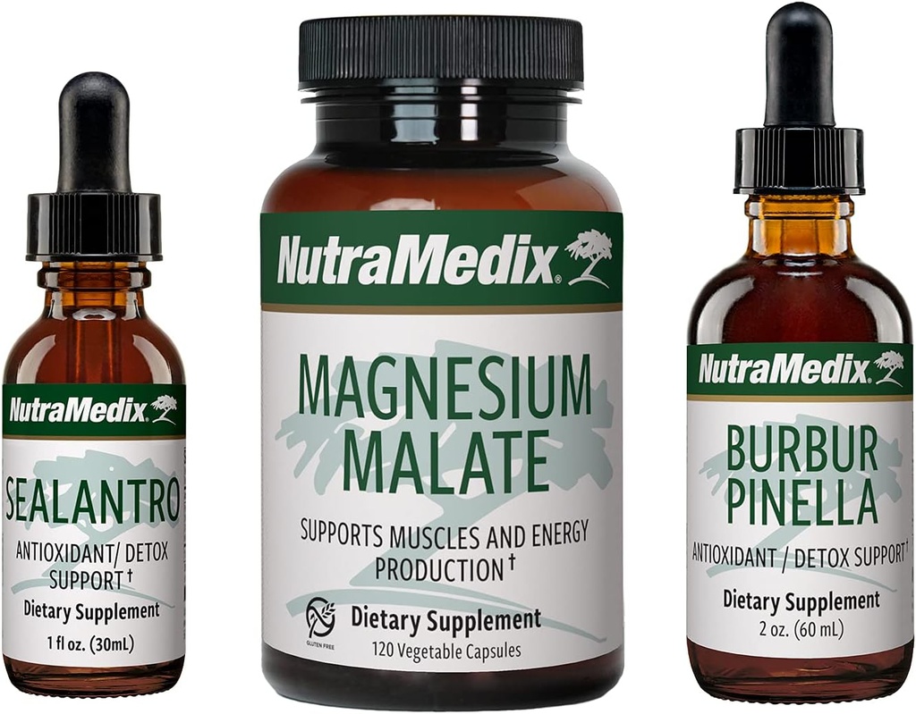 NutraMedix Detox Set - 3-Piece Kit met Sealantro, Burbur-Pinella & Magnesium Malate for Cleansing, Detox & Daily Wellness Support - Plant-Based Liquid Detox Drops & Daily Capsules
