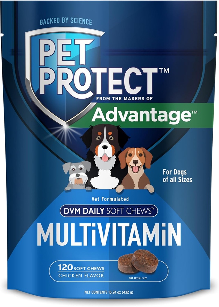Pet Protect Honden Multivitamine, Vet-geformuleerde DVM Dagelijkse Zachte Kauwen, Ondersteunt Doorgaande Gezondheid en Welzijn, Kip-Smaak (120 Tel)
