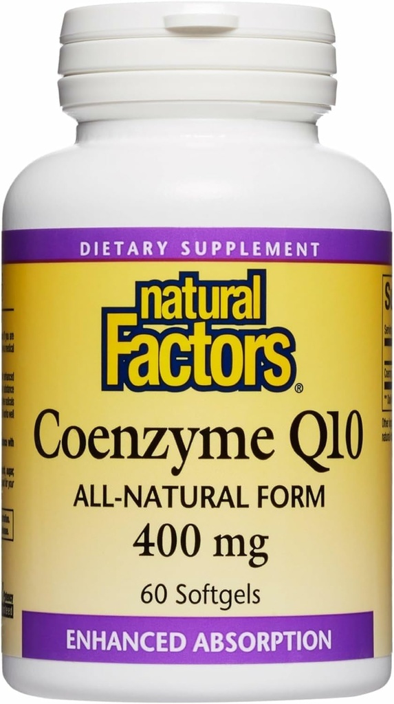 Factores naturales Coenzima Q10 - Apoyo al Antioxidante Suplementos Soportes Producción de energía celular - Ausorción mejor Ayuda Función cardíaca saludable - 400 mg, 60 Softgels (60 Serviciones)