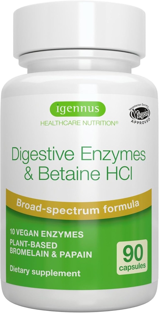 Igennus Fast Action Digestive Enzymes & Betaine HCl, 10 Broad Spectrum Enzymes with Protease, Lipase & Lactase, Papain & Bromelain, Plant- Based Vegan, Clean Label, for Women and Men, 90 Kapsule