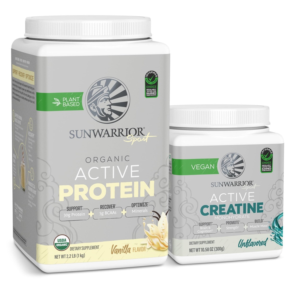 Sunwarrior Creatine Powder & Vanilla Active Organic Protein Powder Set | Bundle & Save | Vegan Protein Plus Unflavored Creatine Monohydrate (60 Servings Unflavored, 20 Servings Vanilla)