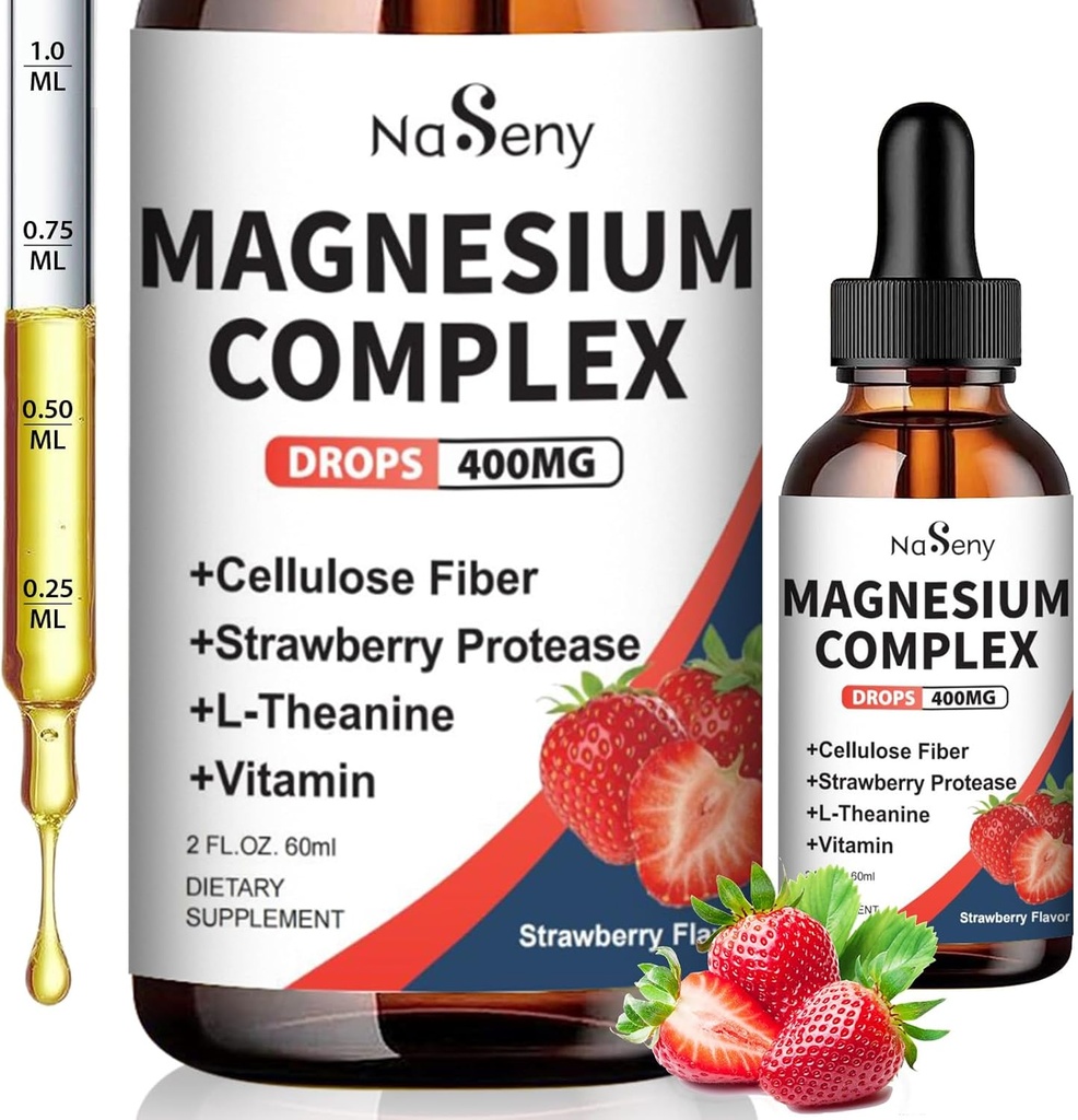 Magnesium Glycinate Liquid 400mg, High Absorption Magnesium Complex supplemen med vitamin B6, D, C för att stödja sömn, muskel, nervhälsa, icke-GMO Gluten Free Vegan (2 Fl Oz/Strawberry)