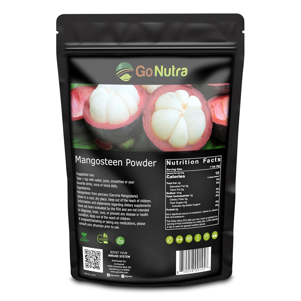 Go Nutra - Mangosteen em pó, Puro Superfood em pó feito de Pericarp Mangosteen (Hull), Antioxidante-Rich para iogurtes, Suco de frutas, Smoothie Mix, e mais, Não-GMO, Vegan, 8 onças