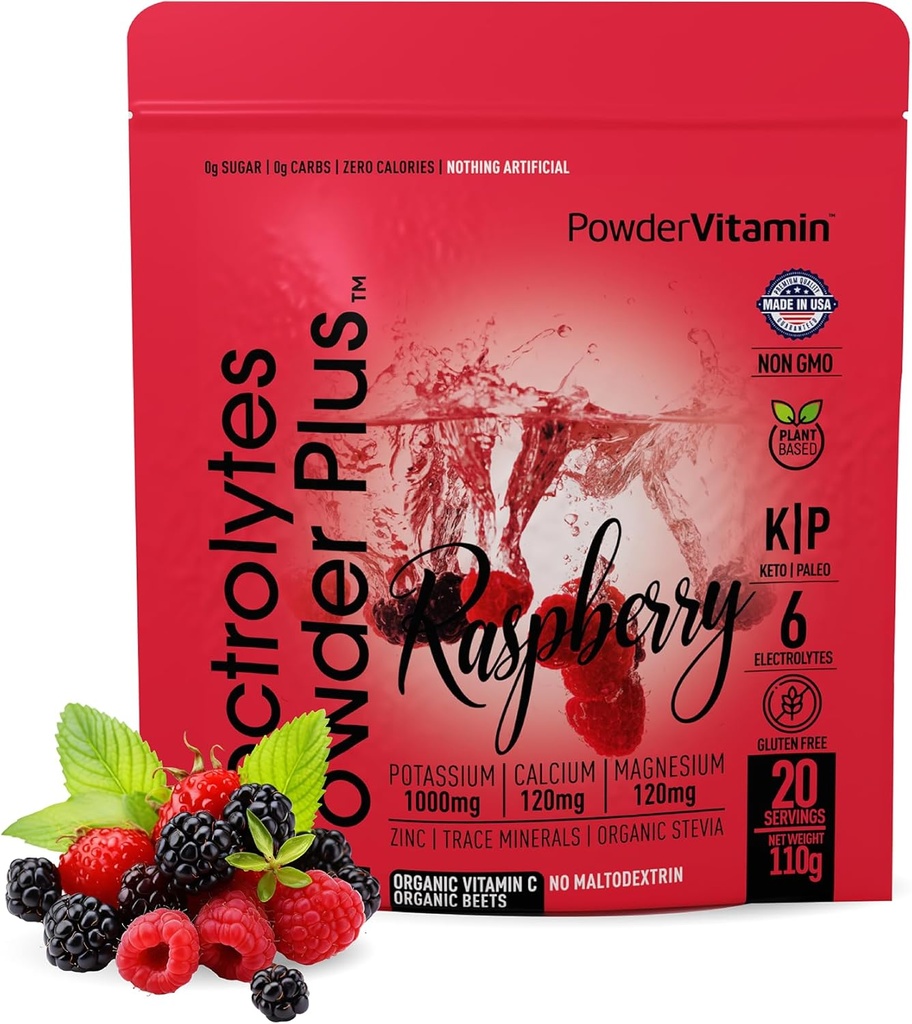 PowderVitamin Electrolytes Powder Plus (20 zerbitzatu) Raspberry Electrolyte Powder Zero Calorie Keto,0 Sugar, No Maltodextrin,1000mg Potasium,120mg Calcium,120mg Magnesium, Pink Himalaiako gatz