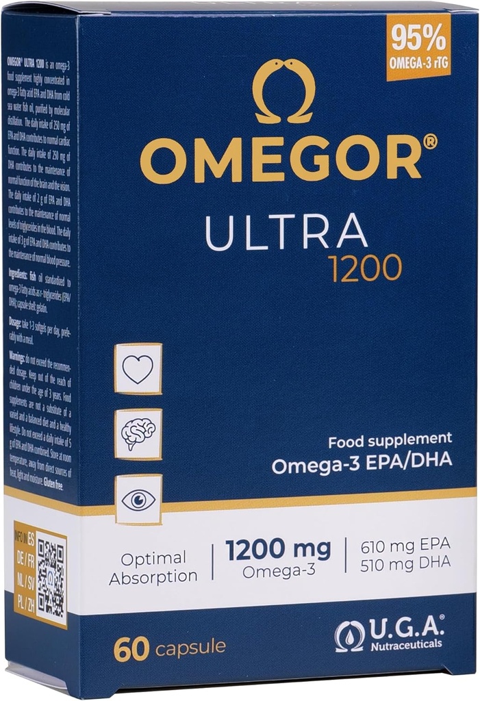 OMEGOR Omega 3 Fish Oil 1200 mg Ultra - 610mg EPA og 510 DHA Omega3 IFOS sertifisert - høy biotilgjengelighet og ingen ettersmak (60 Caps)