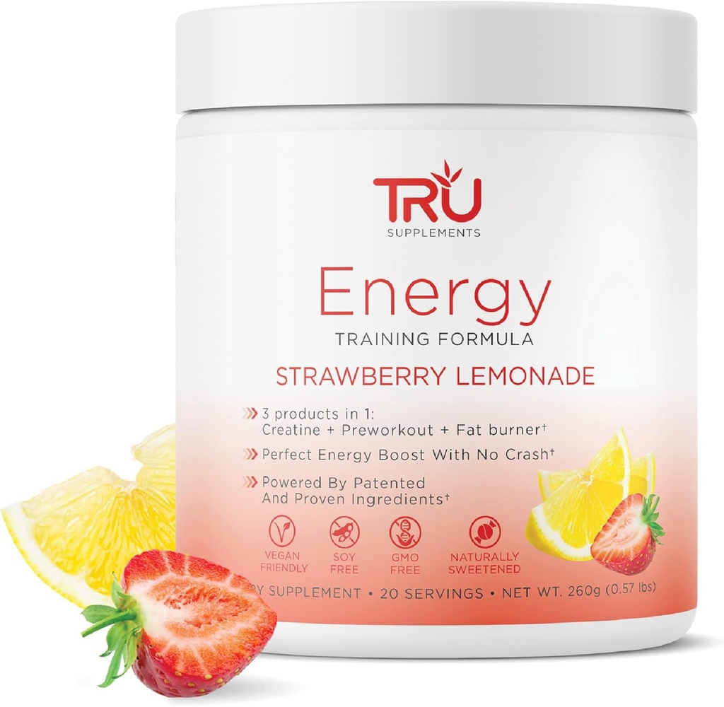 TRU dopolnila energija, Pred treningom usposabljanje Formula, Vegan prijazno, Brez Jitters, Izboljšati vadbene zmogljivosti, Seveda ekstrahirane arome, 20 Serving (Storwberry limonada)