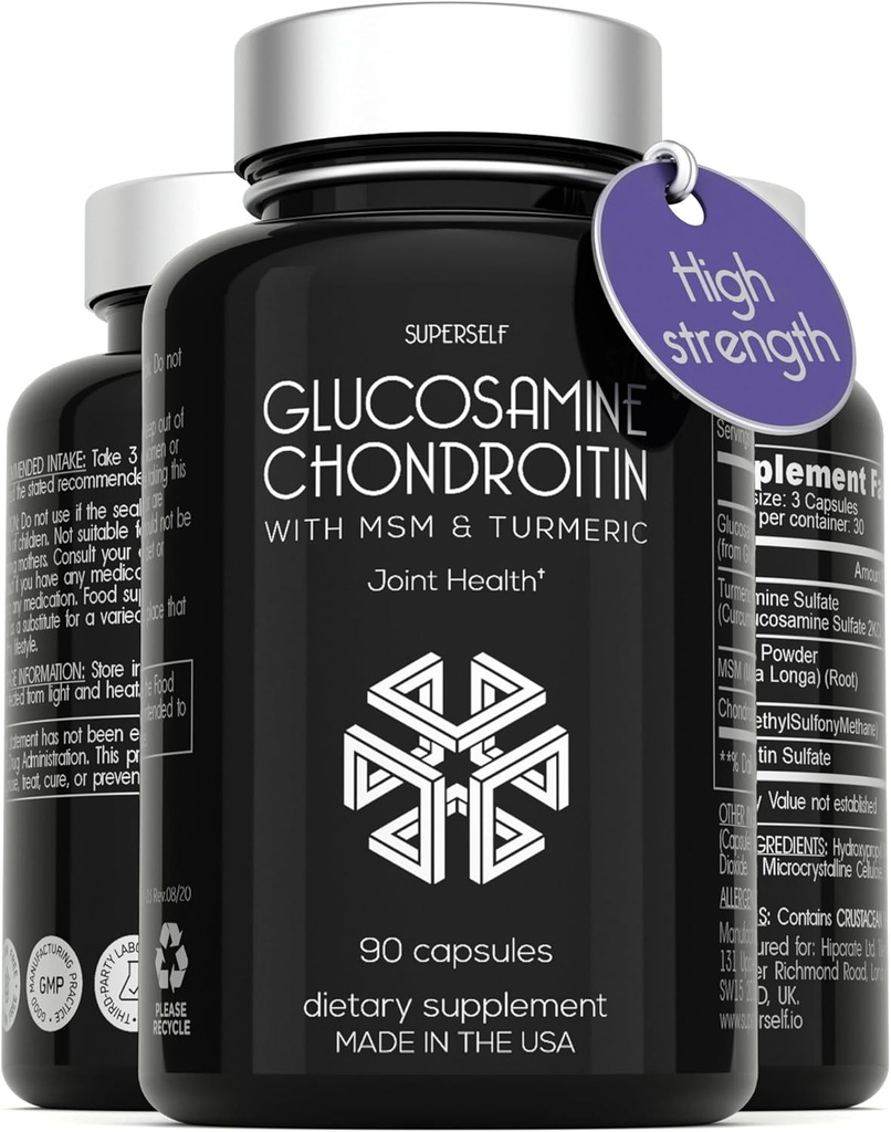 Glucosamine Chondroïtine MSM avec Turmeric - Supplément de soutien articulaire haute résistance pour adultes Hommes et femmes - 90 Capsules - 1500mg Glucosamine Sulfate par portion