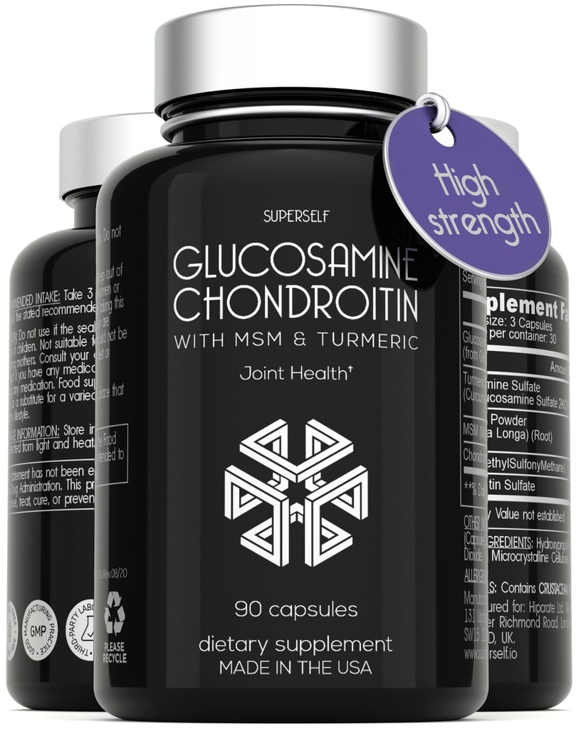 SuperSelf Glucosamine Chondroitin MSM with Turmeric - High Strength Joint Support Supplement for Adults Men & Women - 90 Capsules - 1500mg Glucosamine Sulfate per Serving - Joint Health