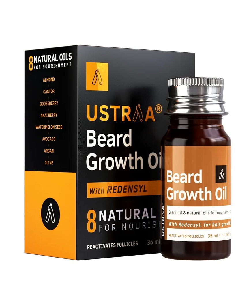 USTRAA Beard Growth Oil - 1.18 Oz - Più Beard Growth, Con Redensyl, 8 Oli Naturali tra cui Jojoba Oil, Vitamina E, Nourishment & Strengthening, No Harmful Chemicals
