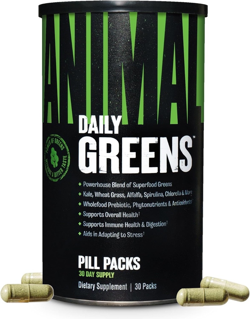 Animal Daily Greens Pill Packs - Kale, Wheat Grass, Alfalfa & More - Удобни Preiotic и Probiotic Superfood Brend за Superior Digestion, Gut Health и Имунитет за мъже и жени - 30 дни доставка