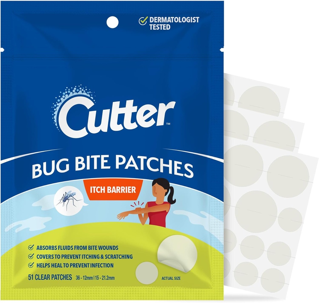 Cutter Bug Bite Patches Itch Relief Hydrocoloid Patches dla dzieci i dorosłych, Absorbs Fluids, Pomaga Heal, Zapobiega drapania, Mosquito Itch Relief, Hydrokortyzon i narzędzie ssące Alternatywna, 51 Count