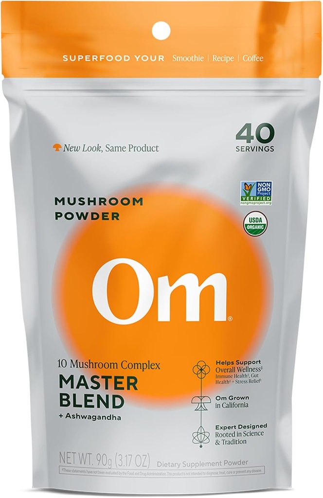 OM Master Blend Pilzpulver – Organische Pilzergänzung mit 10 Pilzen und Ashwagandha - Unterstützung Immunität, Gut Health & Stress Relief, 3.17 Unze (40 Servierungen)