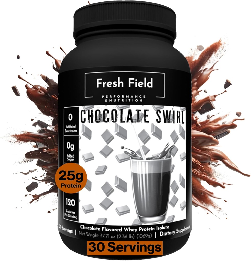 Fresh Field Chocolate Protein Powder - 25g Whey Protein Isolate, Gluten-Free " Soy-Free, Sugar-Free, 30 Servings - Natural Whey Protein Powder for Workout Fitness &amp; Nutrition Shakes - 2.36 lb