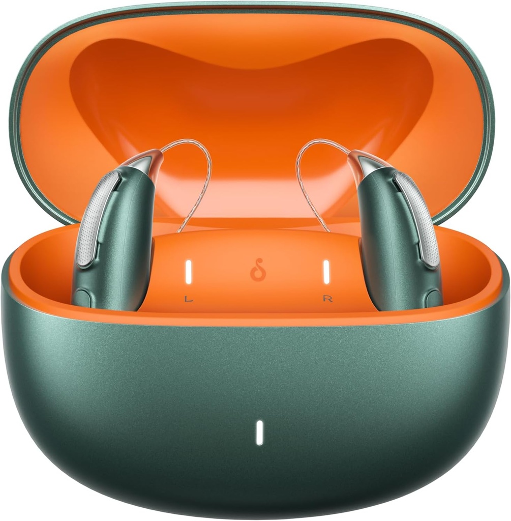 Rechargeable Bluetooth Hearing Aids for Mild to Severe Hearing Loss - OTC - Smart Fitting - RIC (Receiver-in-Canal) Design with Noise Reduction - Includes Charging Box, Green