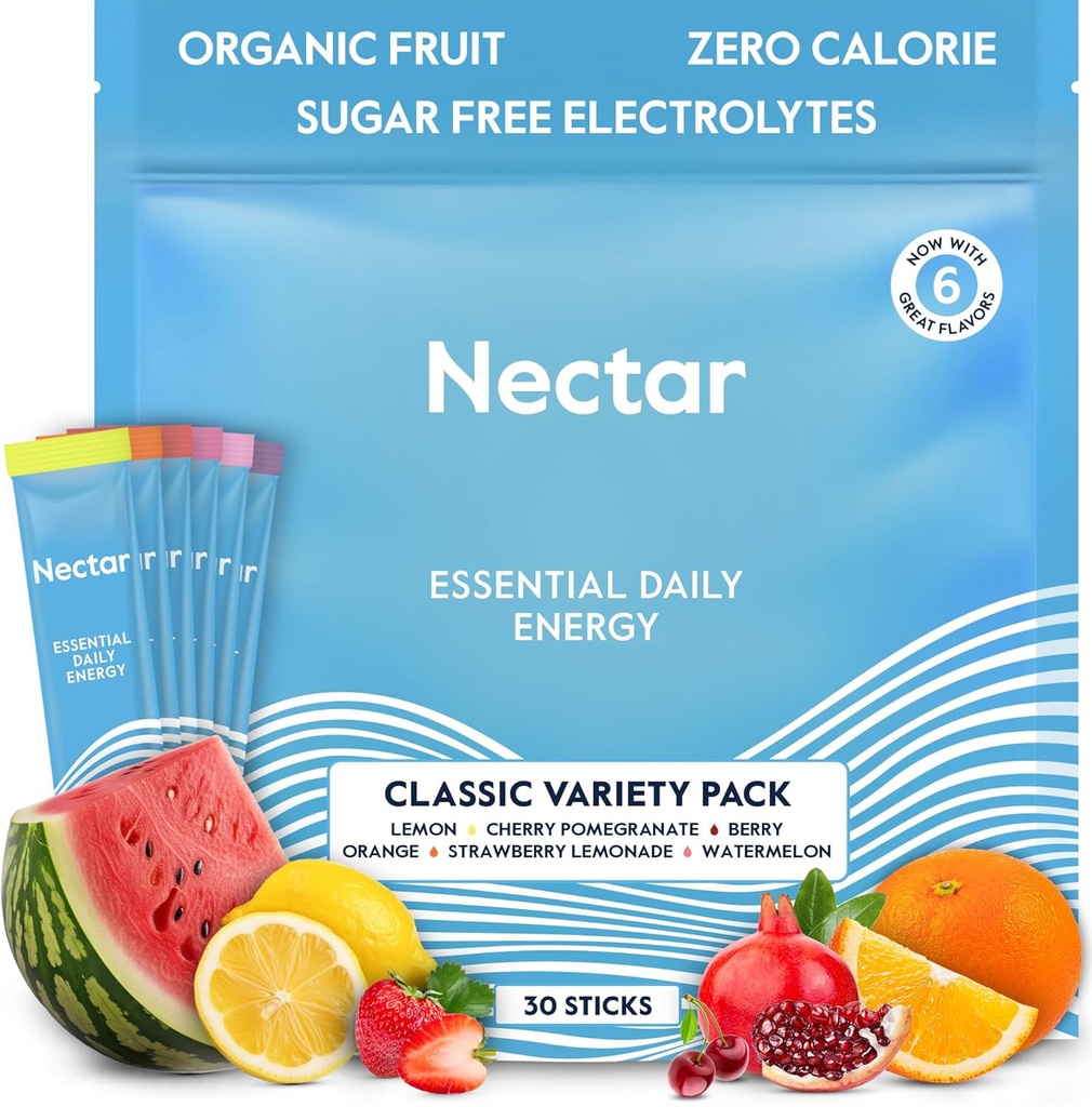 Nectar Energy Booster - Organic Caffeine, B12 " Electrolytes - Sugar Free & Zero Calorie — Healthy coffee, Energy Drink " Soda Alternative - Hydration " Energy supplement (Variety 30 Powder Packets)