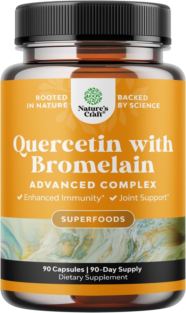 Puhdas Quercetin ja bromelaiinin yhdistelmä immuunivasteen hoitoon - korkea Potent Quercetin 500 mg kapselit, joissa on bromelain-kapselit, jotka tukevat immuunijärjestelmää ja hengitystä - Nutritionaalinen hengityslisä - 90 Ct