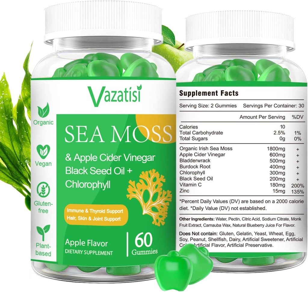 2 Pack Organic Irish Sea Moss Gummies with Black Seed Oil, Chlorophyll - Tyroid, nastroje, energia i wsparcie immunologiczne - Kobiety & Mężczyźni, Dorośli & Kid - 120 Wegan Gummies