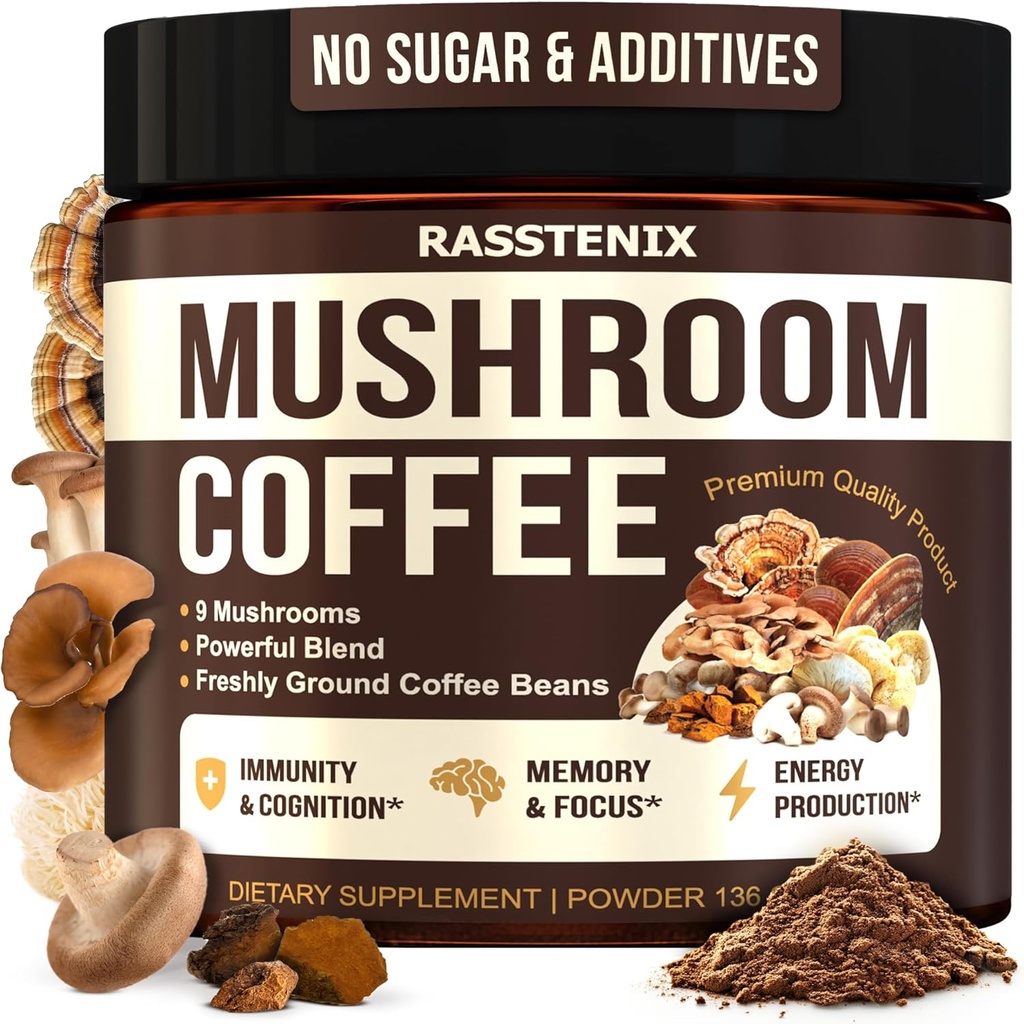 Guarda de cafè de la sala d'Adaptogen - Lion's Mane, Chaga, Turquia Tail, Reishi, Shiacot - 9 Munyros de la sala de cafè per a Guttogen, Energia, Guerra Mental - 60 Servitings