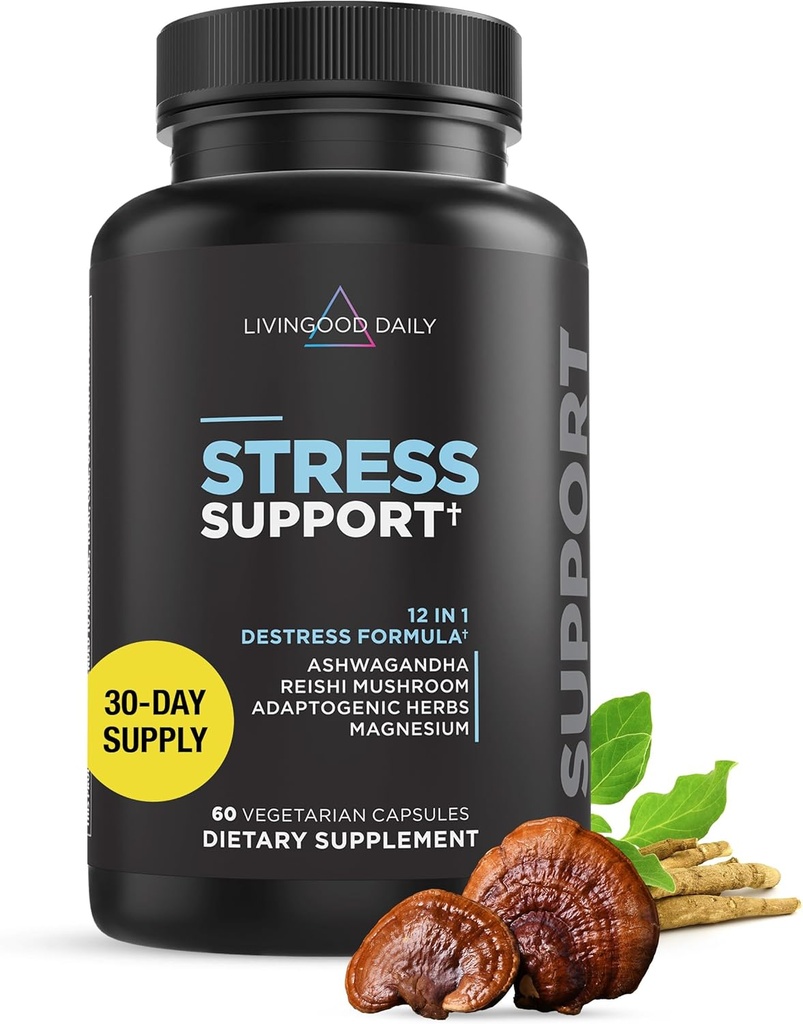 Livingood Daily Stress Support, 12-i-1 Supplement med Ashwagandha, Reishi Mushroom, Vitamin B6, Adaptogene urter & magnesium, støtter Mood & Calm, Glutenfri, Veganske, 60 Vegetariske kapsler