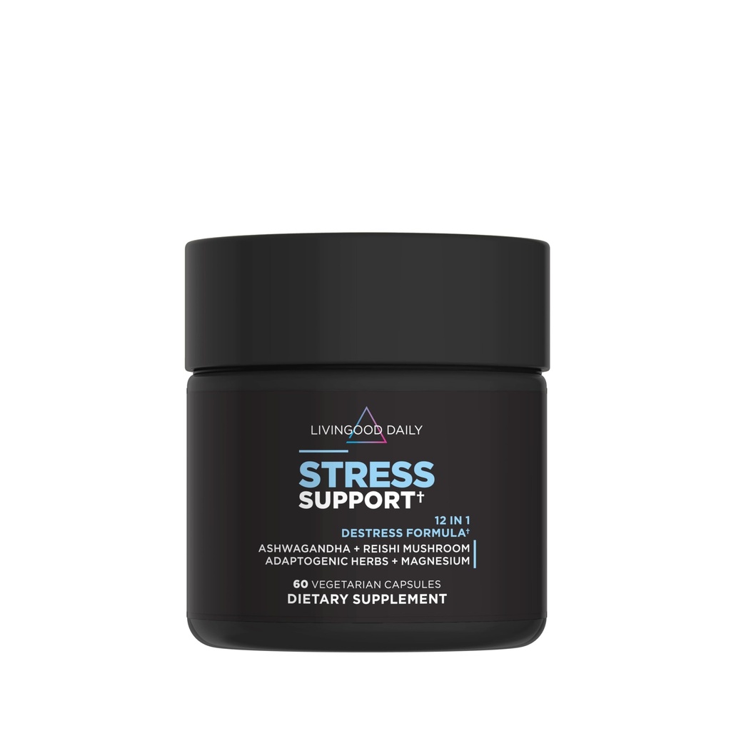 Livingood Daily Stress Support, 12-in-1 Supplement with Ashwagandha, Reishi Mushroom, Vitamin B6, Adaptogenic Herbs & Magnesium, Supports Mood & Calm, Gluten Free, Vegan, 60 Vegetarian Capsules