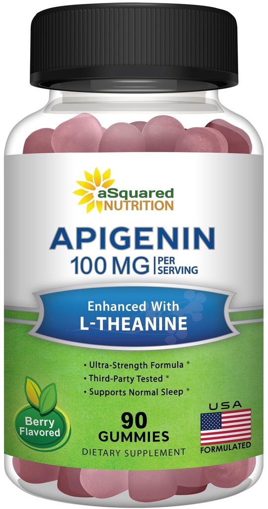 aSquared Nutrition Apigenin 100mg with L-Theanine 100mg Gummies - Apigenin Supplement for Sleep - Natural Extract Gummy Alternative to Capsules, Pills, Powder & Tea - 2 Per Serving
