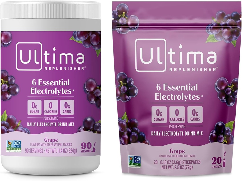 Ultima Replenisher Electrolyte Powder Drink Mix Bndle – Sugar Free – Grape, 90 Serving Canister and 20 Stickpacks – 6 Electrolytes and Minerals – Keto Friendly, Vegan, Non-GMO