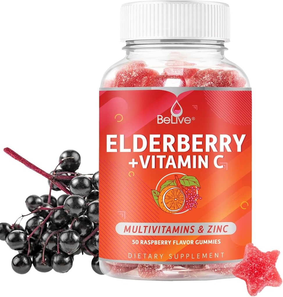 BeLive Elderberry Gummies con Zinc e vitamina C, D, A, E, B12-50 Ct I Suplemento Inmune para ósos saudables e dentes, Vegan, Keto e non-GMO - Raspberry Flavor