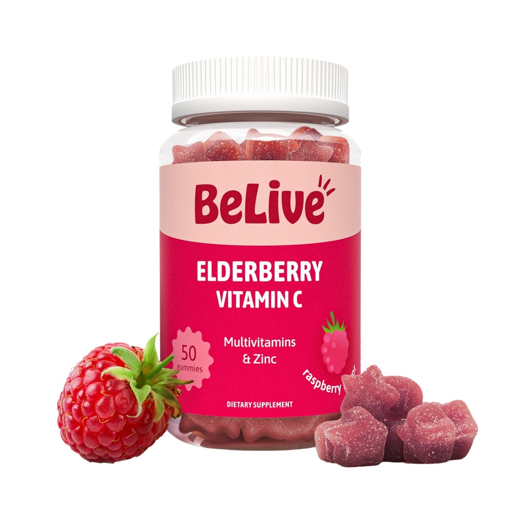 BeLive Elderberry Gummies with Vitamin C, D3 and Zinc - Multivitamin Supplement for Immune Health Support for Kids & Adults - 50 Count - Raspberry Flavor