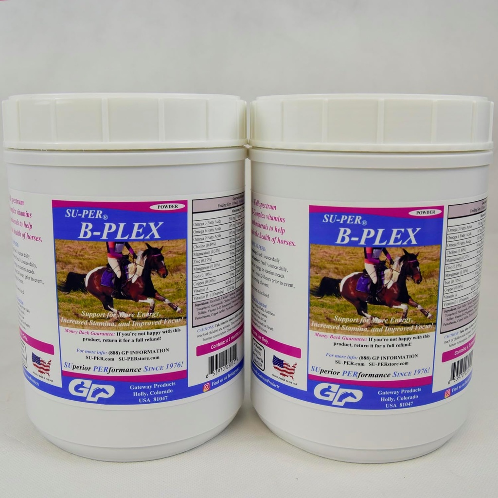 SU-PER B-Plex Powder Equine Vitamins - Complete B-Complex Horse Vitamins and Minerals Supplement - Gezonde hoeven, rode bloedcellen, Horse Calming Powder - 2,5 pond, (2 verpakking)