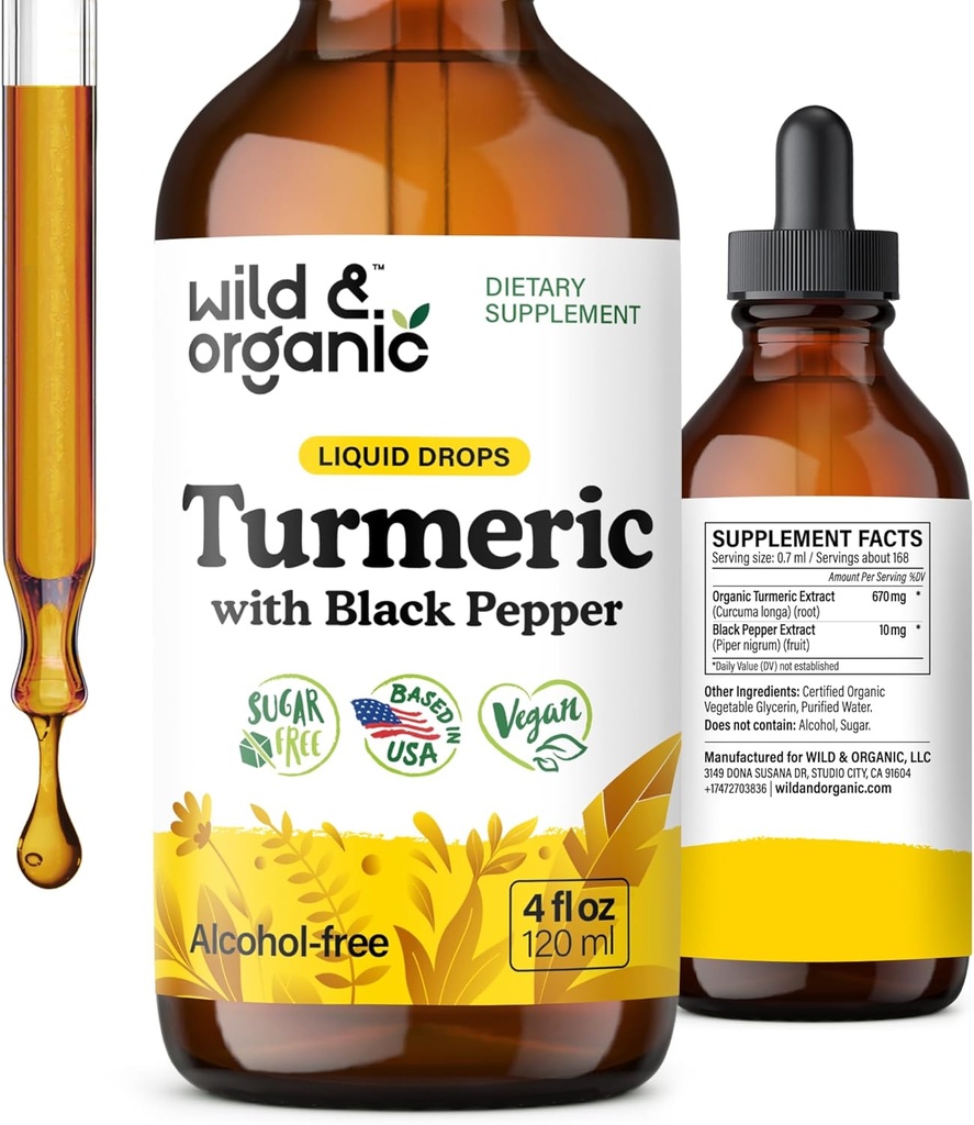 Wild & אורגני Turmeric Tincture - Turmeric Curcumin עם Black Pepper לחלץ - תוספי תמיכה ניידות - Curcumin Root נוזל טיפות - טבעוני, סוכר ואלכוהול חינם - 4 oz