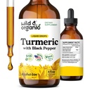 Wild & Organic Turmeric Supplement Liquid Drops - Movement & Immune Support - Liquid Turmeric with Black Pepper Extract - Add to Tea Tincture - Curcumin Supplements - Sugar & Alcohol-Free - 4 fl oz