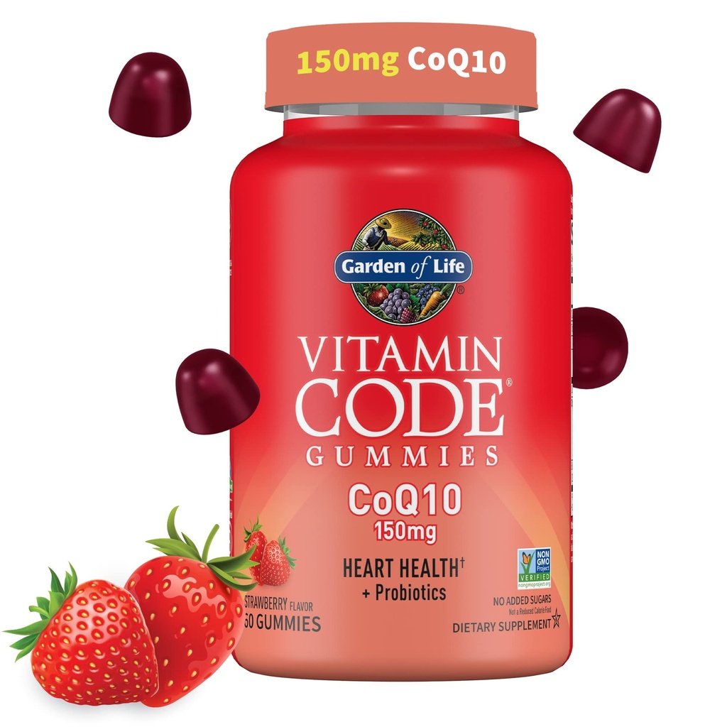 ​​Garden of Life Vitamin Code CoQ10 Gummies - Heart Health and Cellular Energy Support with Prebiotics and Probiotics, No Added Sugar, Gluten-Free, Non-GMO, Strawberry Flavor, 60 Gummies​