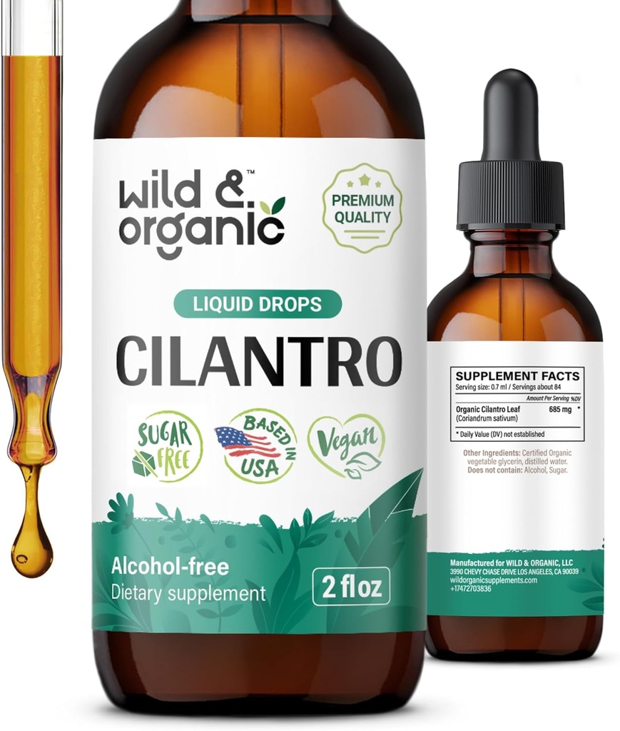 Wild & Organic Cilantro Drops - Detox Cleanse folyékony Cilantro kiegészítéssel - Coriander Leaf kivonat tinktúra - Vegán, Sugar & Alcohol- Free - 2 fl oz