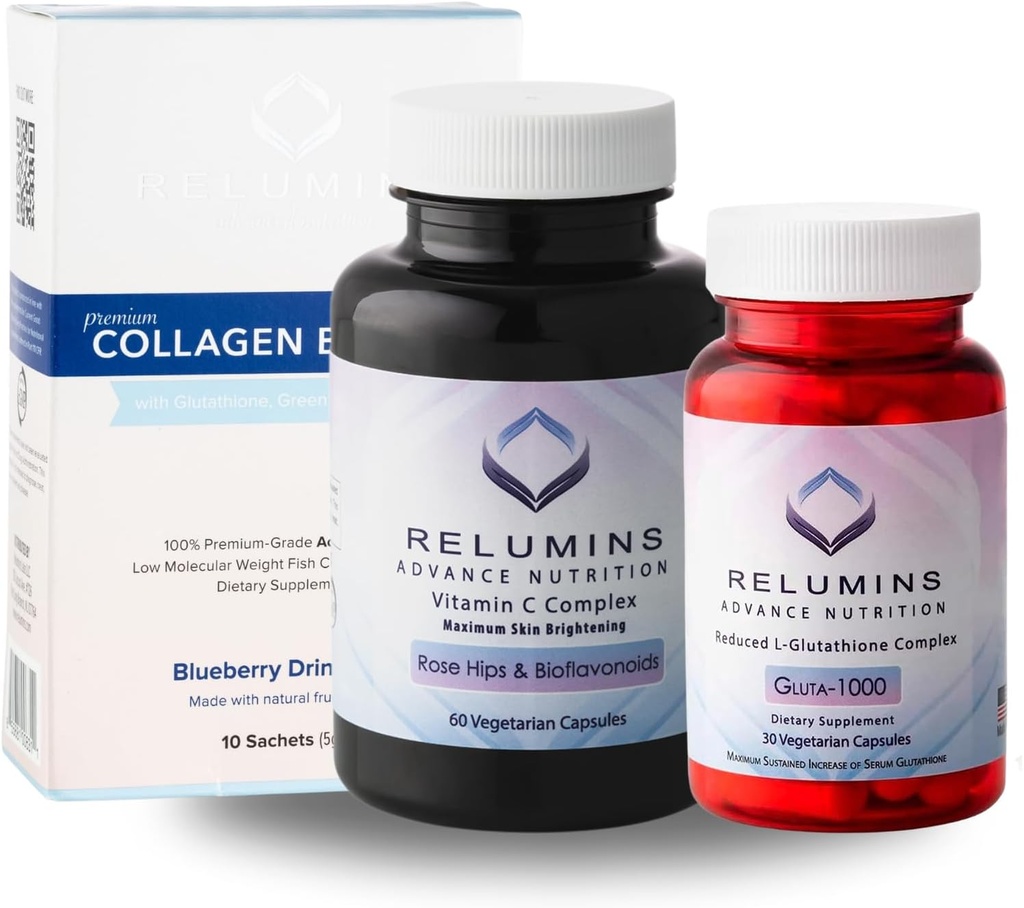 Relumins Premium Summer Glow Set - Collagen Blueberry, Glutathione 1000mg & bitamina C - Antioxidant Support for Skin Health and Overall Wellness - 3in-1 Beauty & Wellness Kit