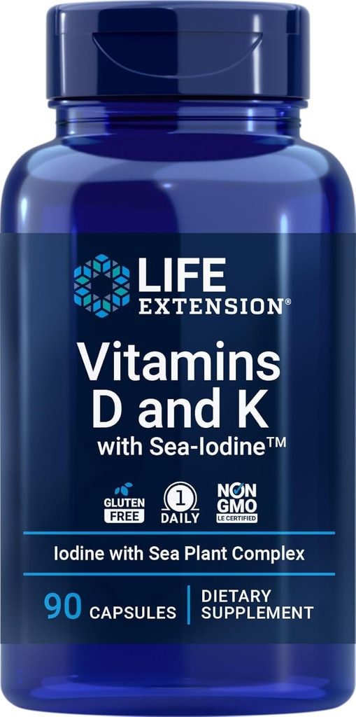 Life Extension Vitamíny D a K s morským jódom, 90 kapsúl