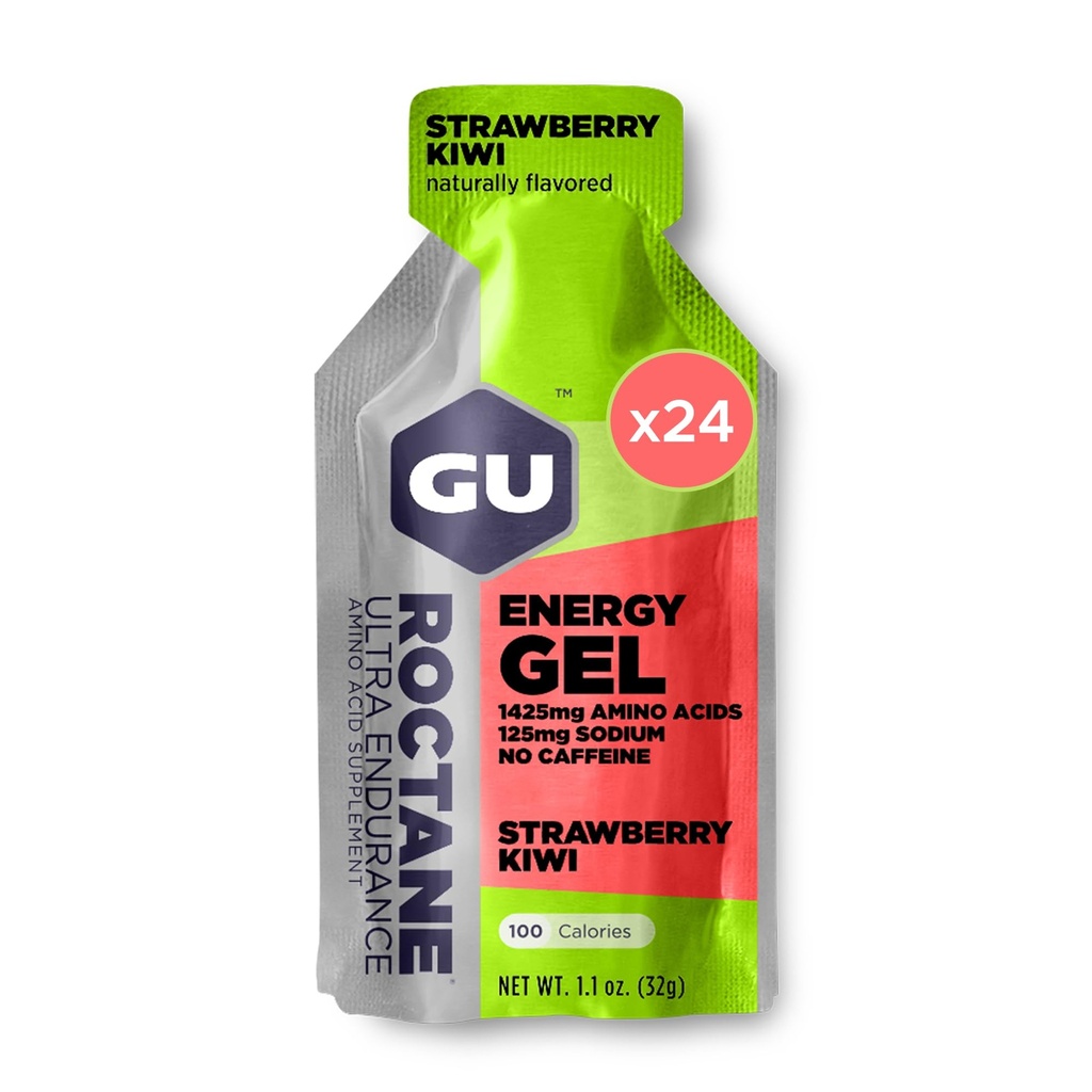 GU Energy Roctane Ultra Endurance Energy Gel, Vegan, Gluten-Free, Kosher, and Dairy-Free On-The-Go Sports Nutrition for Running, Biking, Hiking or Skiing, Strawberry Kiwi (24 Packets)