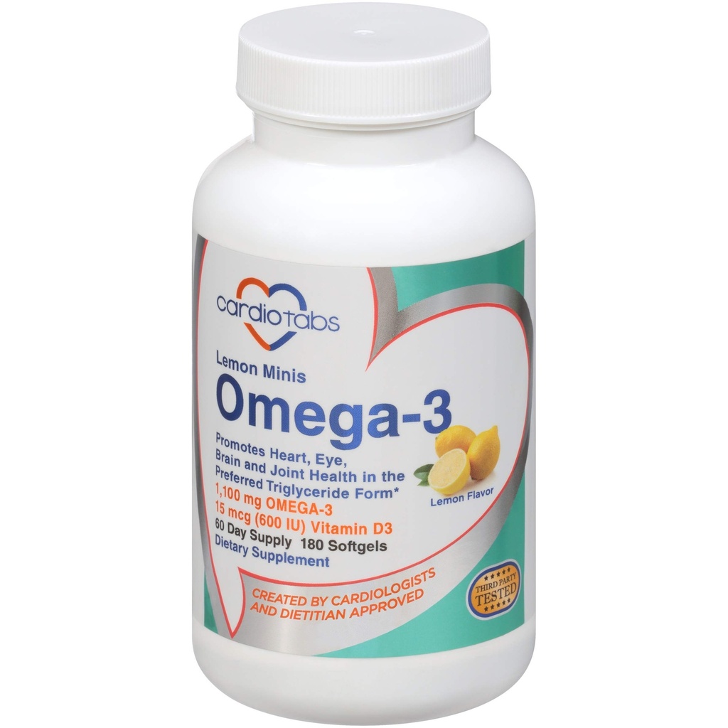 Omega 3 Lemon Minis + Vitamin D3, 1,100 mg Omega-3 in Triglyceride Form and 600 IU Vitamin D3, Easy-to-Swallow, Fresh Lemon-Flavored Omega-3 Supplement Softgels - 180 Count