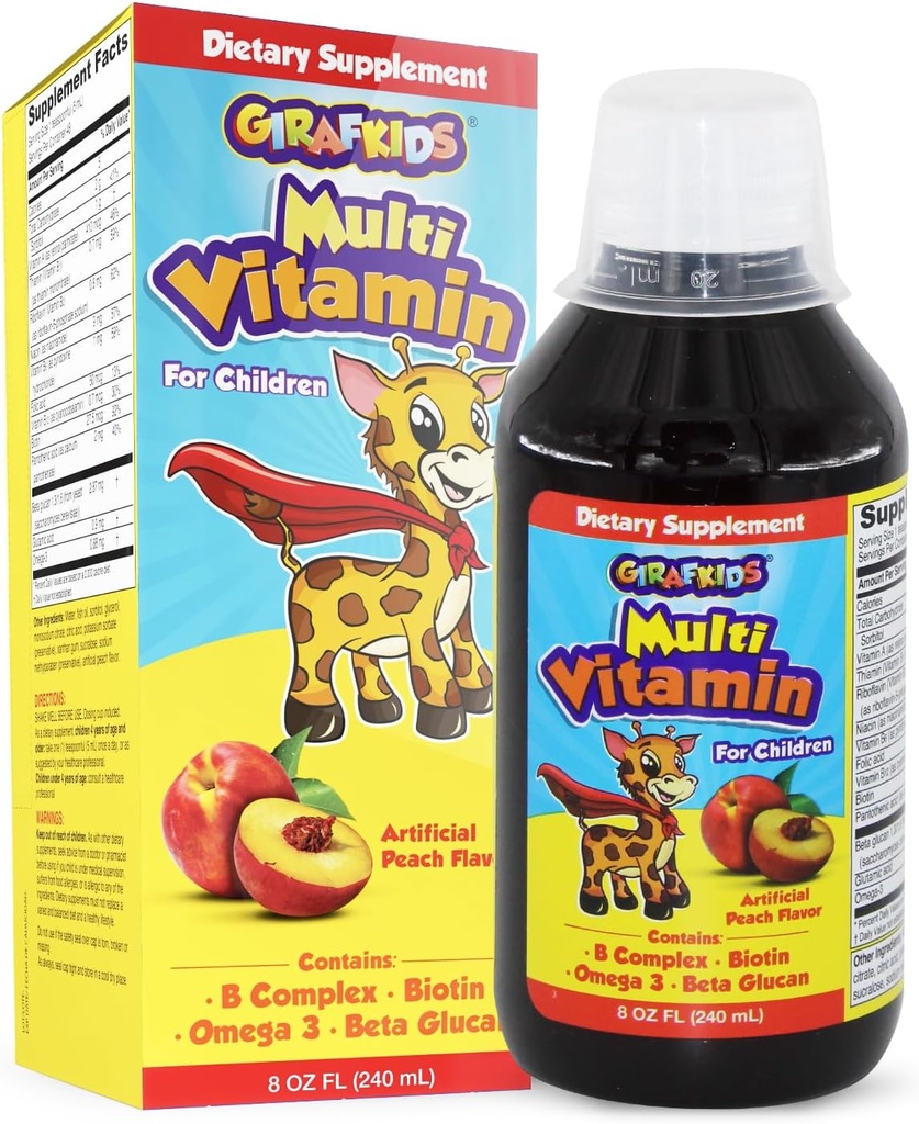 GirafKids Liquid Multivitamin för barn Ålder 4 +, 8oz - Dagliga barn vitaminer med Biotin, vitamin A, B-komplex, folsyra, Omega-3 & Beta Glucan - Kosttillskott för barntillväxt och energi