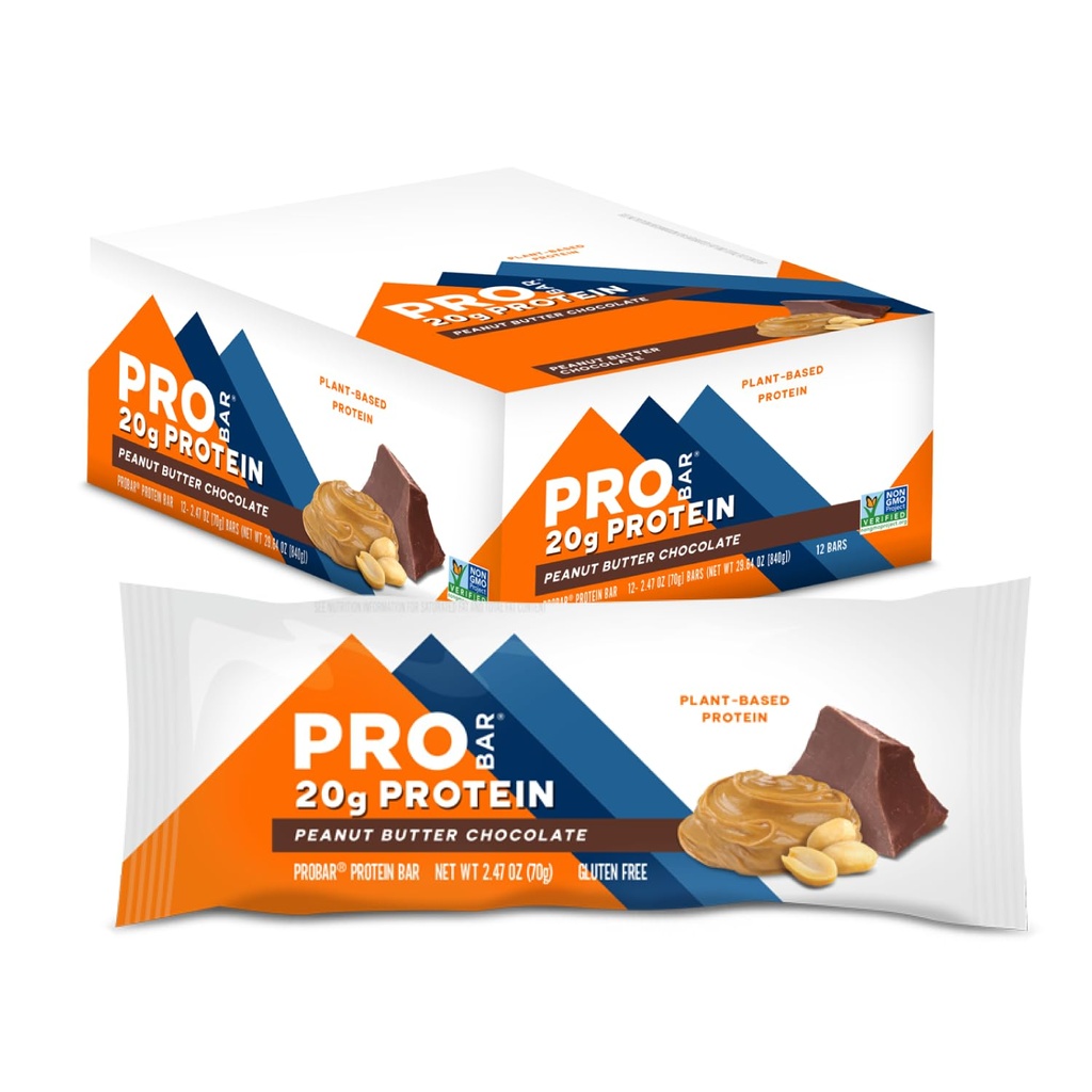 PROBAR Plant-Based Protein Bars – 20g Protein, Gluten Free, Non-GMO, Dairy Free Vegan Snack, No Sugar Alcohols, Whole Food Ingredients, Post Workout Energy Bar for Active Lifestyles (Peanut Butter Chocolate, 12 Count)
