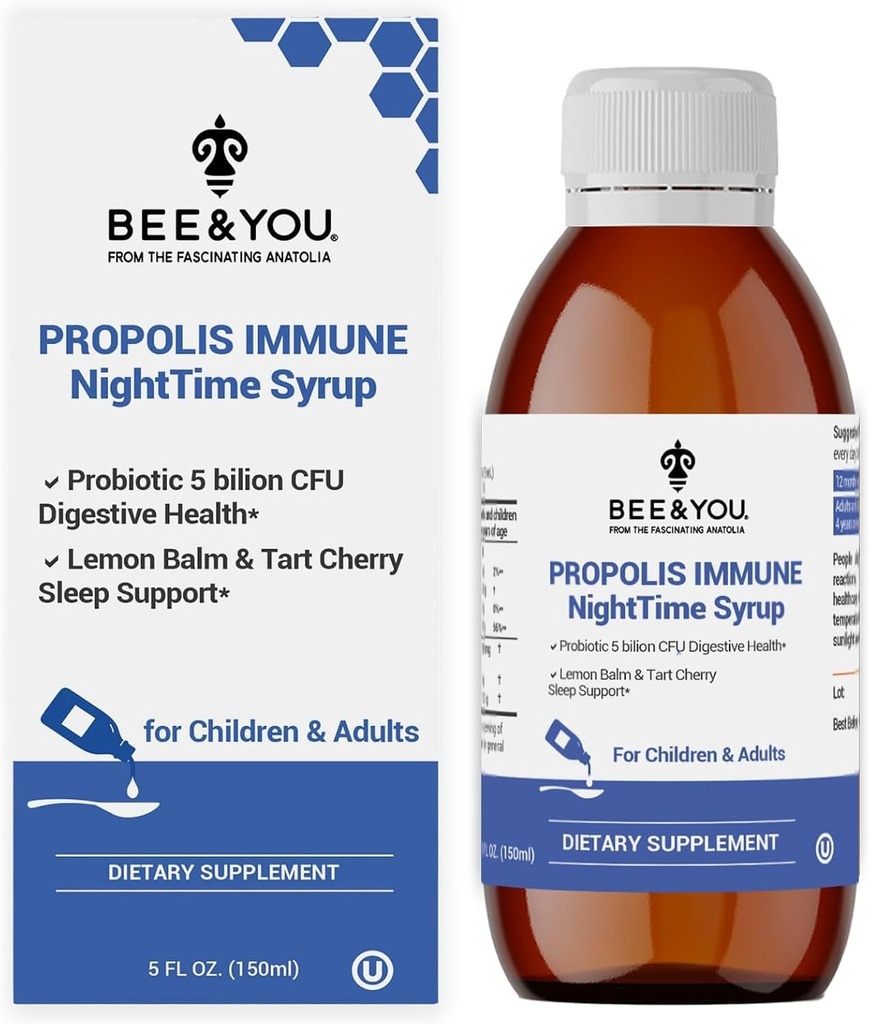 Bee and You Propolis Nighttime Syrup with Probiotic,维生素C,以及老年莓-成人和孩子的优雅配方,5 Fl Oz