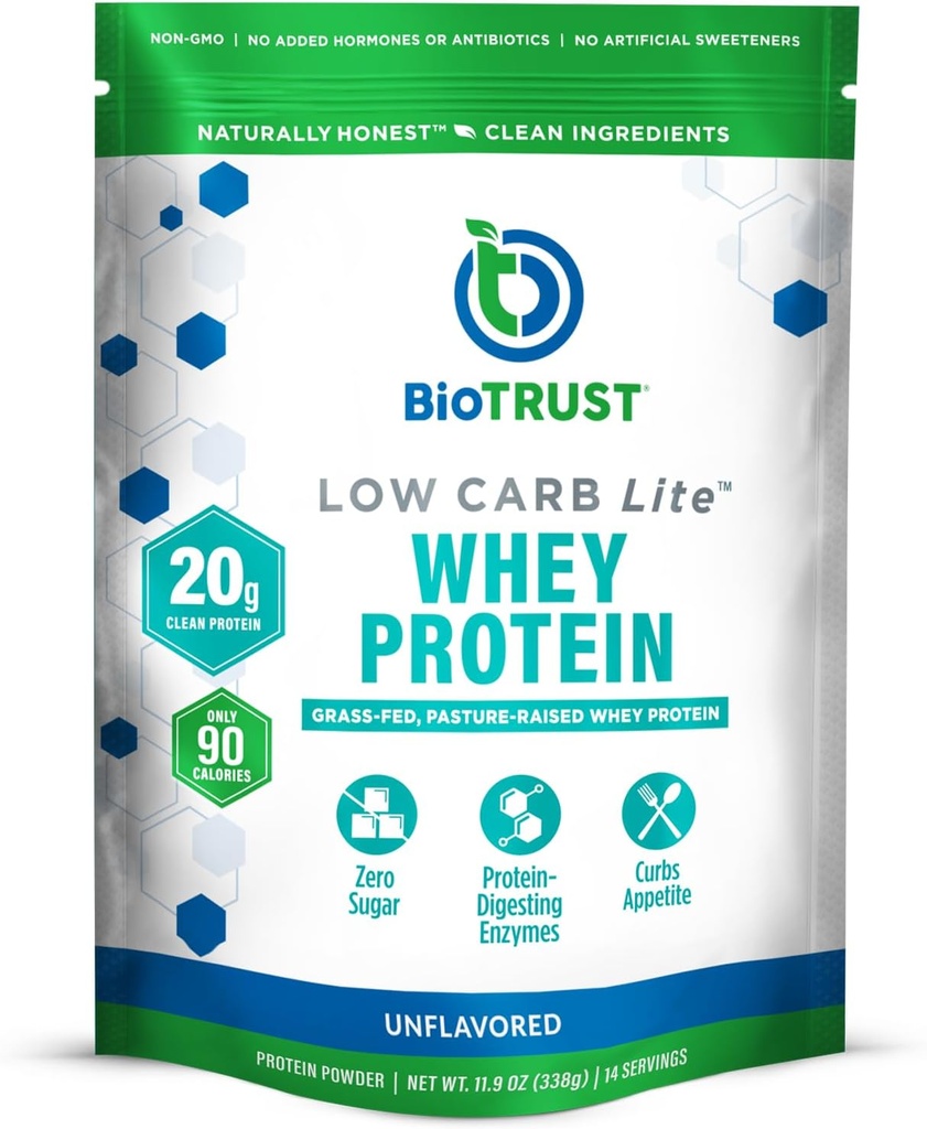 BioTrust Low Carb Lite, Low Calorie Protein Powder - Low Carb, Sugar Free, Low Sodium, Keto Protein Powder - 20g Grass-Fed Whey Protein Isolate con encimas dixestivos - Unflavored, 14 porcións