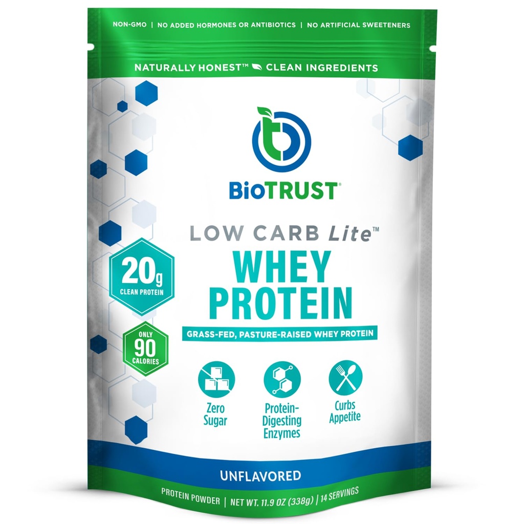BioTrust Low Carb Lite, Low Calorie Protein Powder - Low Carb, Sugar Free, Low Sodium, Keto Protein Powder - 20g Grass-Fed Whey Protein Isolate with Digestive Enzymes - Unflavored, 14 Servings