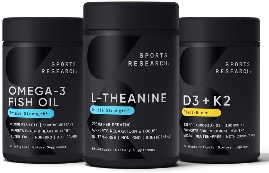 Sports Research Double Strength L-theanine (Suntheanine) Addition 200mg 60 Softgels, Triple Strength Omega 3 Fish Oil 1250mg (90 Count) and Vegan Vitamin D3 (5000 IU) + K2 (100mcg Mk7) 60 Softgels