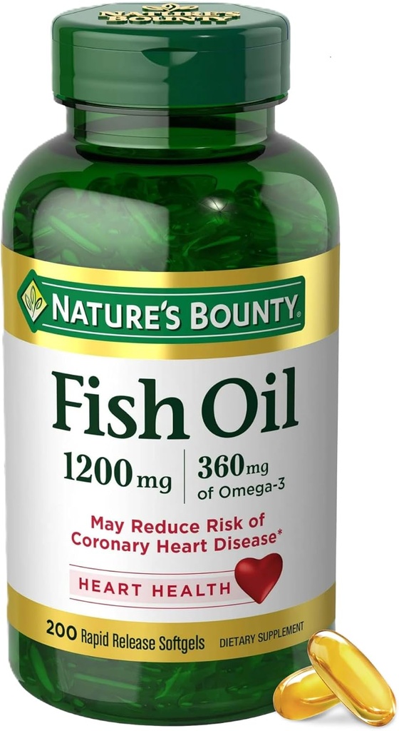 Nature's Bounty Fish Oil Omega 3 Supplementen - Ondersteunt de gezondheid van het hart, 1200 Mg Visolie, Omega-3, 200 Softgels (pakket van 1)