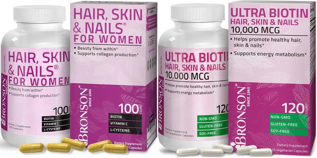 Bronson Hair, Piele & Nails cu Biotin Supliment suplimentar de vitamina pentru femei + Ultra Biotin 10000 Mcg