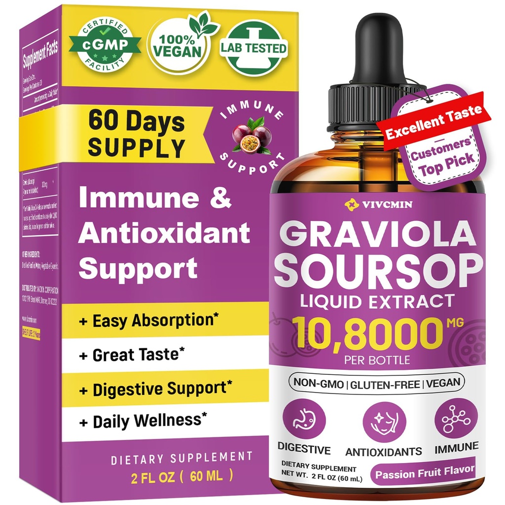 Graviola Soursop Leaf Extract Liquid - Soursop Bitters Liquid, Support Immune, Relax, Liver and Sleep, Sugar & Alcohol-Free, Highly Absorbable Formula, Passion Fruit Flavor, 2 Fl Oz