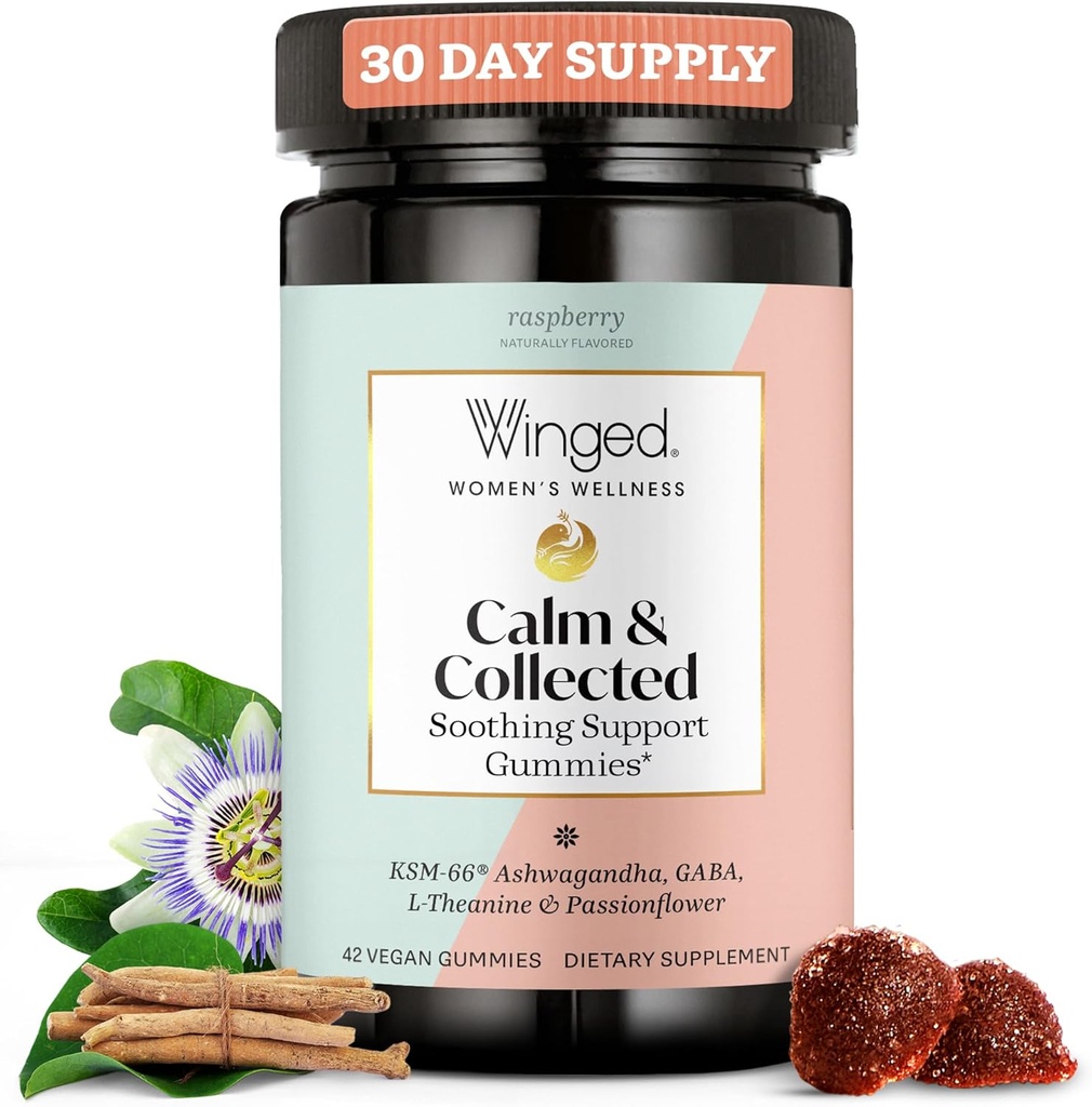 Winged Wellness Calm & Collected, Stress Relief Gummies - Stress Support Supplement med KSM-66 Ashwagandha, L-Theanine, GABA & Passionflower - Vegan & Gluten-Free Gummy - Raspberry, 42 Count